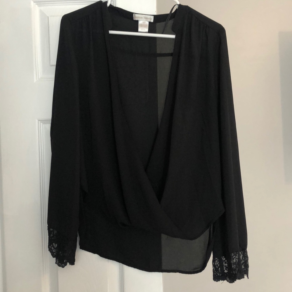 Black deep neck blouse with lace sleeves